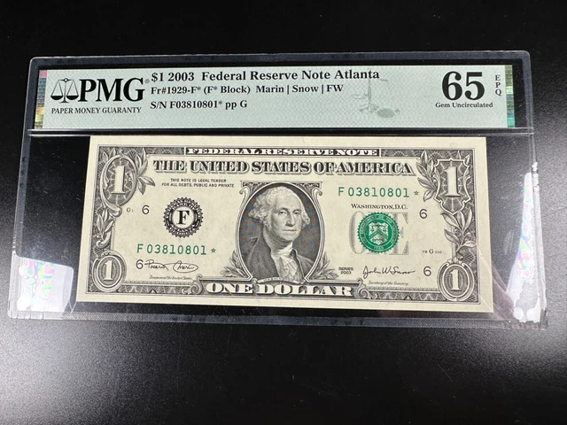 Unique SN 03810801 Gem Graded PMG 65 EPQ Star Federal Reserve Note fr 1929-f* 2