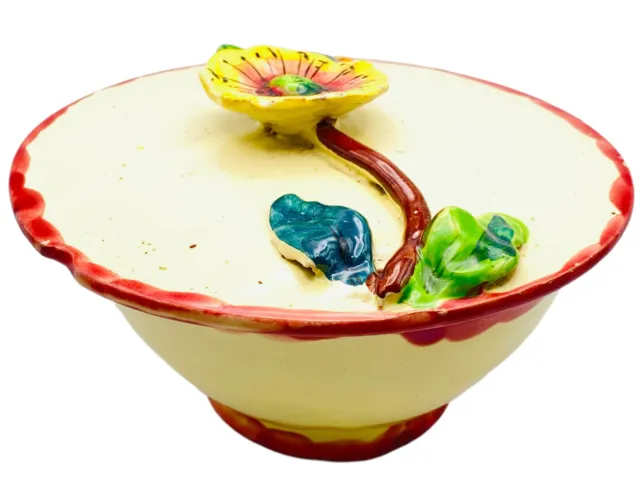 Vintage Italian Majolica Bowl Floral Covered Dish Art Pottery Leaf Signed