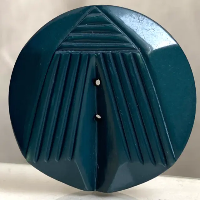 Grand bouton ancien Art Déco 43,5 mm - Plastique bleu sarcelle abeille stylisée