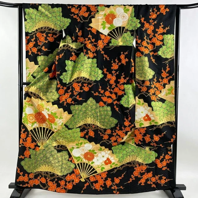 Japanese Kimono Furisode Pure Silk Folding Fan Chrysanthemum Gold Paint Black