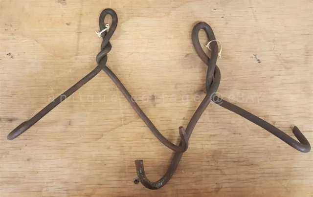 LOT antique 2 WROUGHT IRON HOOKS hand forged MEAT TRAMMEL BEAM double #2 aafa