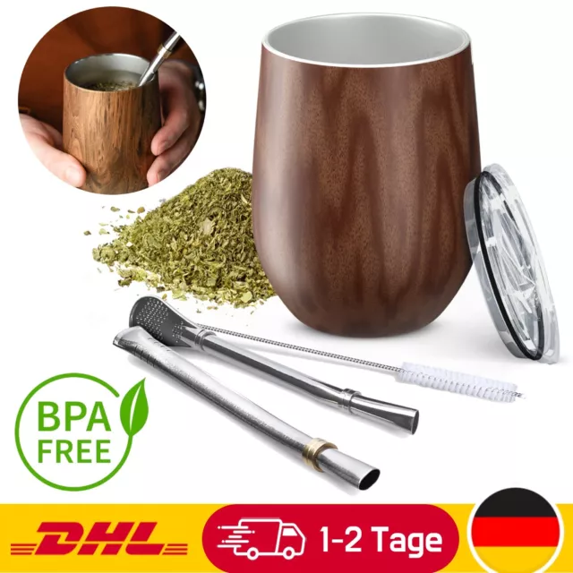 Yerba Mate Becher 355 ml Edelstahl - Set mit Deckel, Bombilla, Reinigungsbürste