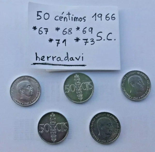 Lote de Monedas: 50 Cent Céntimos de Peseta 1966 *67 68 69 71 y 73 SIN CIRCULAR