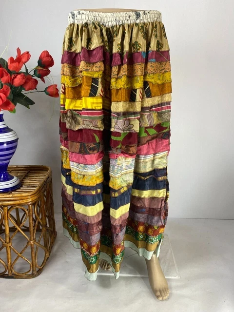 Handmade Indiano Vintage Floreale Arte Seta Sari Gonna Lunga Boemo Fronzoli