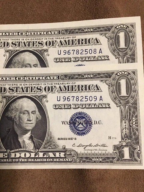 Series 1957   B    Two One Dollar Silver Certificate==Crisp Uncirculated