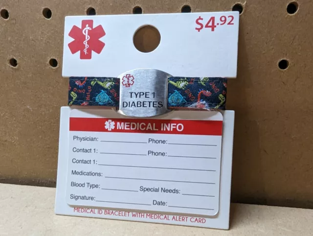 Nuevo brazalete de identificación médica tipo 1 diabetes con tarjeta de alerta médica dinosaurios