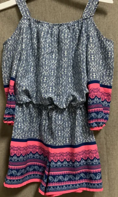 🌻 Girls 7-16 My Michelle Cold-Shoulder Crochet Romper, Blue/neon Pink