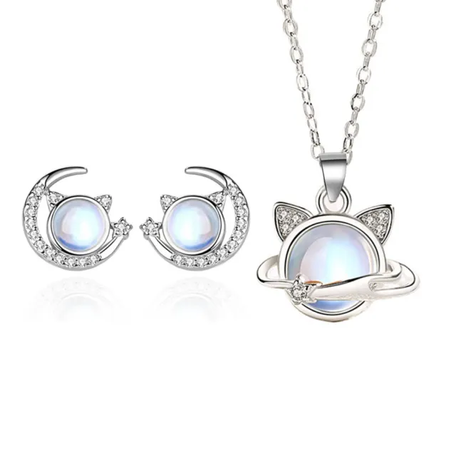 925 sterling silver necklace earrings cute cat moonstone moon women jewelry set