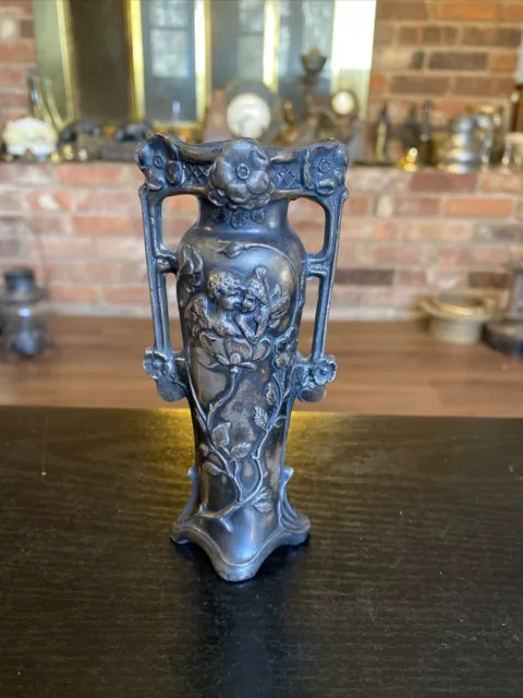 Rare Antique Brainard & Wilson Small Cherub & Fairy Art Nouveau White Metal Vase