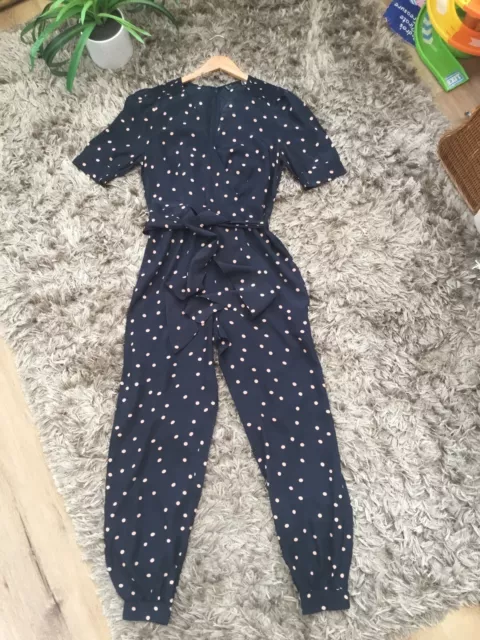 Mint Velvet Navy Ink Spotted Polka Dot Wide Cuffed Leg Belted Jumpsuit Size 8