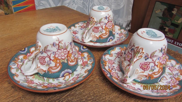 3 rares tasses,sous tasses en porcelaine,sarreguemines ,tres bon état,numéro 215