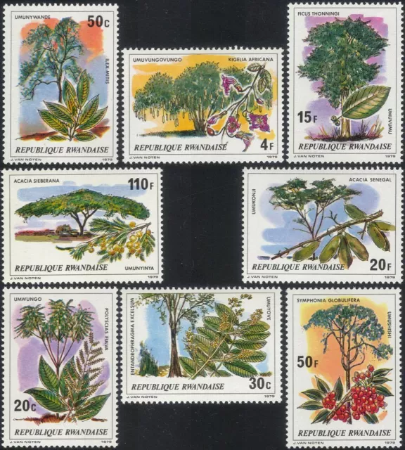 Rwanda 1979 Acacia Trees Shrubs Flowers Figs Palms Plants Leaves Fruits 8v MNH