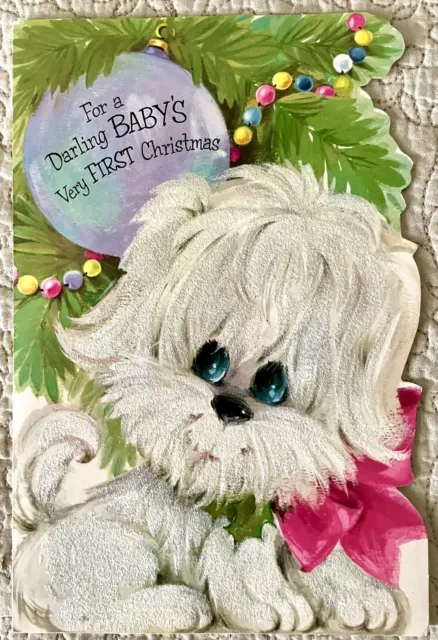 Vintage Christmas White Dog Puppy Pink Bow Big Eye Greeting Card 1960s 1970s