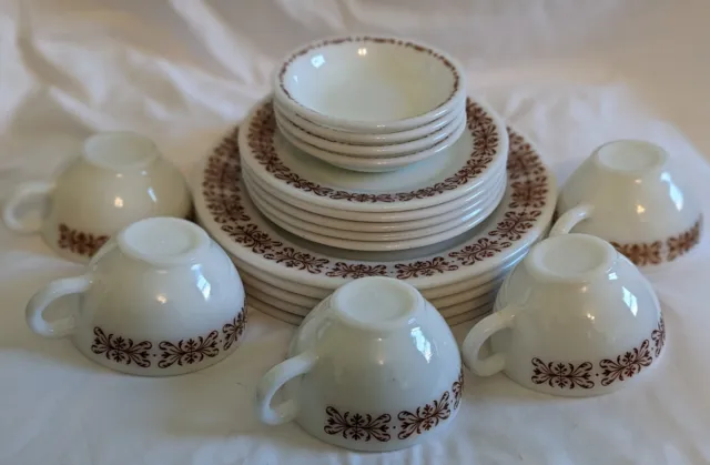 PYREX Milk Glass COPPER FILIGREE Corning Ware 5 SETTINGS Plate Cup Saucer 19pc