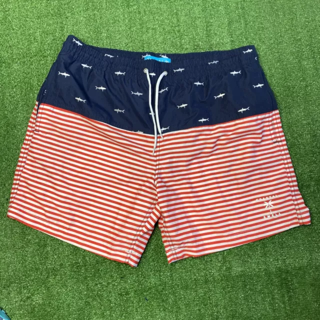 Coastal Swell Mens Shark Red Stripe Swim Trunks Size L Blue Pocket 7" Inseam