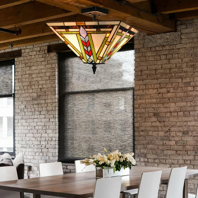 14'' Tiffany Style Ceiling Light Stained Glass Semi Flush Mount Chandelier Lamp