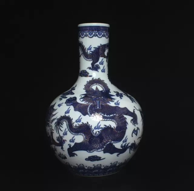 Old Chinese Blue & White Gilding Porcelain Vase w/ dragon Qianlong MK 55CM