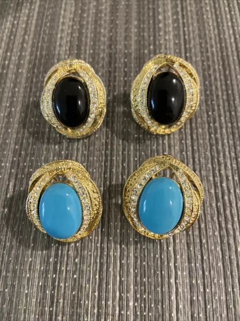 Beautiful 2pair Of Earrings With Stones Blue And Black A Lot Of Small Zirconias