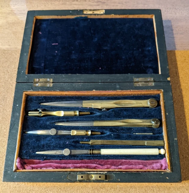 ANTIQUE BOXED DRAWING Instruments Map Reading Utensils Brass & Steel