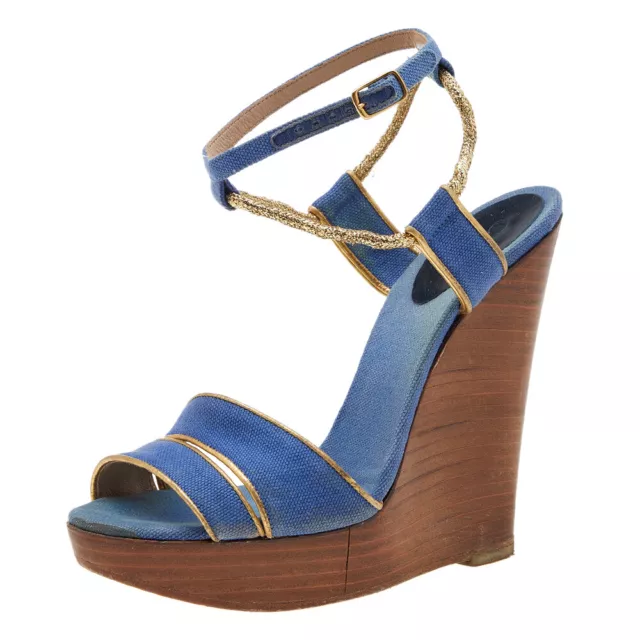 Chloe Blue/Gold Canvas And Leather Trim Wedge Platform Sandals Size 36