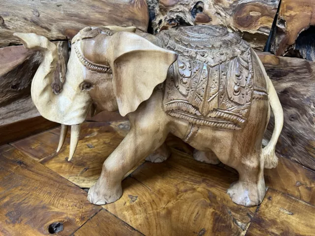 Quality Carving Wooden Large Figure Elephant 32 cm x 40 cm Beige Home Decoration