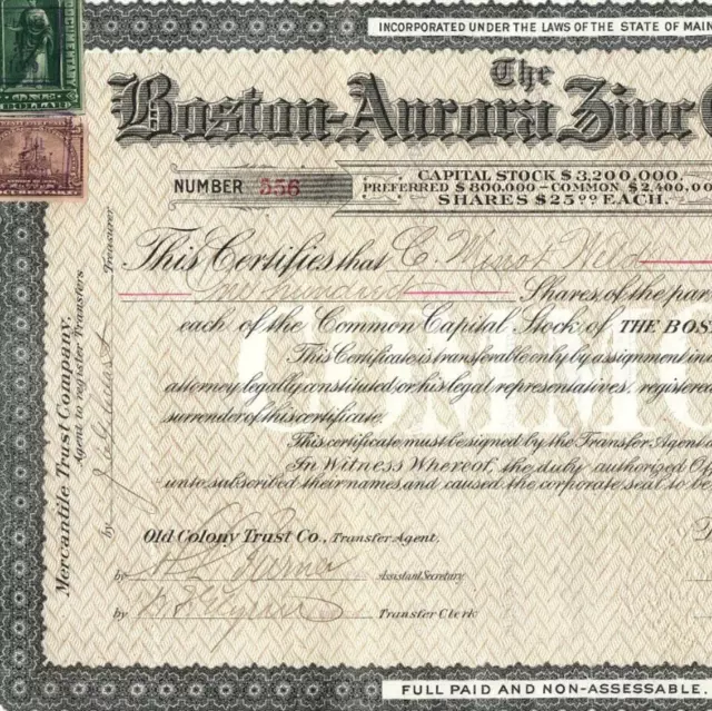 1899 Boston-Aurora Zinc Co Stock Certificate Boston MA Mining C. Minot Weld