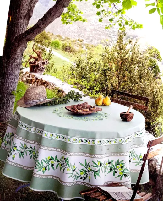 FRENCH PROVENCE 100% COTTON 71" ROUND TABLECLOTH OLIVES on GREEN; Made in FRANCE