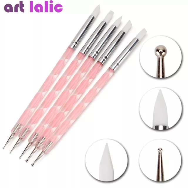 5Pcs 2 Way Nail Art Silicone Tip Pen Brushes Dotting Tools Marbleizing Painting