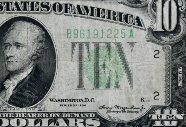 NEW HIGH SERIAL# $10 1934 dark blue-green seal Federal Reserve Note B96191225A