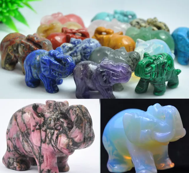1.5" Quartz Gemstone Hand Carved Elephant Crystal Healing Energy Figurine Decor