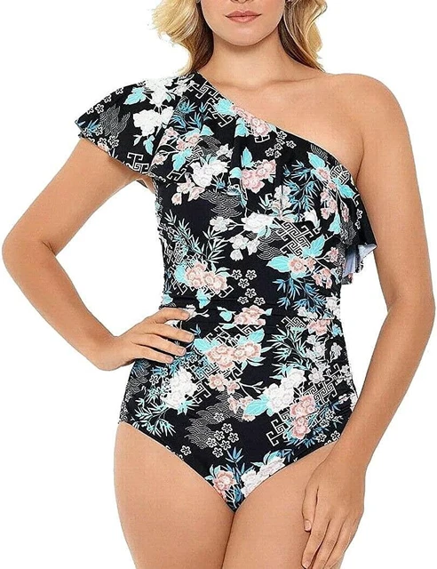 Swim Solution 285738 Womens One-Piece Sz One-Shoulder Black, Size  14