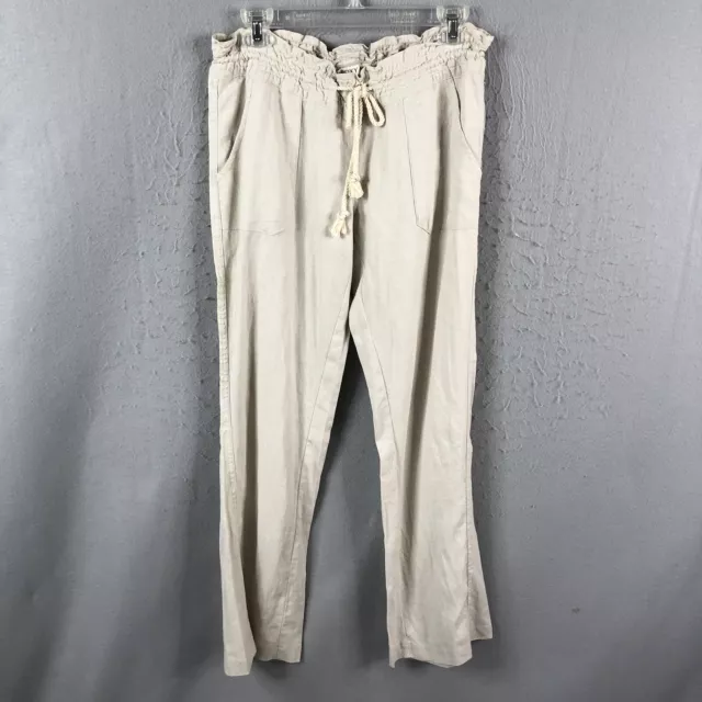 Roxy Pants Womens Medium Tan Linen Blend Lagenlook Minimalist Oceanside NEW