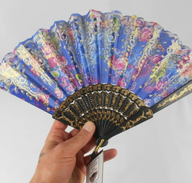 Hand Held Folding Fabric Floral Fan Lace Pink Black Gold Blue NWT **QUICK SHIP**