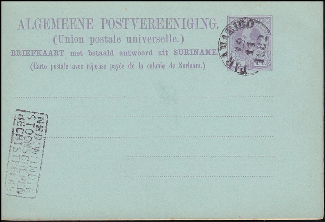 Surinam Doppel-Postkarte / Double Post Card 5/5 Ct. lila, PARAMARIBO 16.11.1882