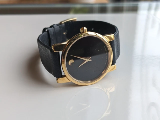 Movado Museum Classic Black Dial Woman's Slim Gold Wrist Watch - 87 A1 845