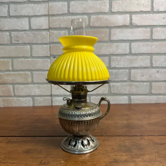 Antique 1890s Bradley Hubbard Jr B&H Nickel Kerosene Oil Lamp w/ Shade