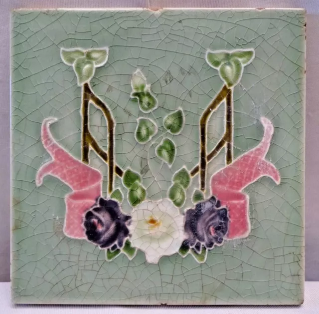 Vintage Porcelain Tile Flower Geometric Design England Art Nouveau Majolica #219