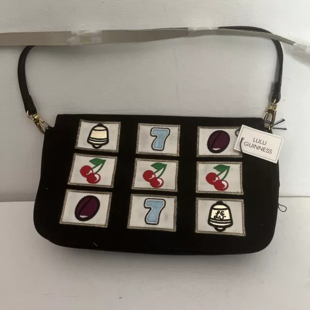 LULU GUINNESS VINTAGE HANDBAG. Slot Machine EMBROIDERED motifs. Magnetic Snap.