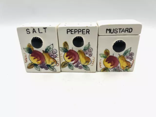 Vintage Salt & Pepper Shakers w/ Matching Mustard Spice Shaker Hand Painted