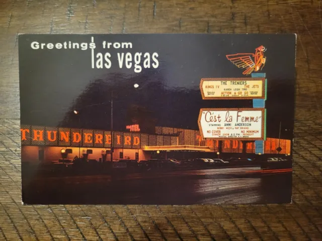 Postcard NV Nevada Las Vegas Thunderbird Hotel Casino Night View Neon Sign