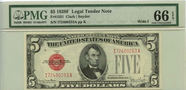1928F $5 Legal Tender Wide I Red Seal Fr# 1531 PMG Gem66 EPQ