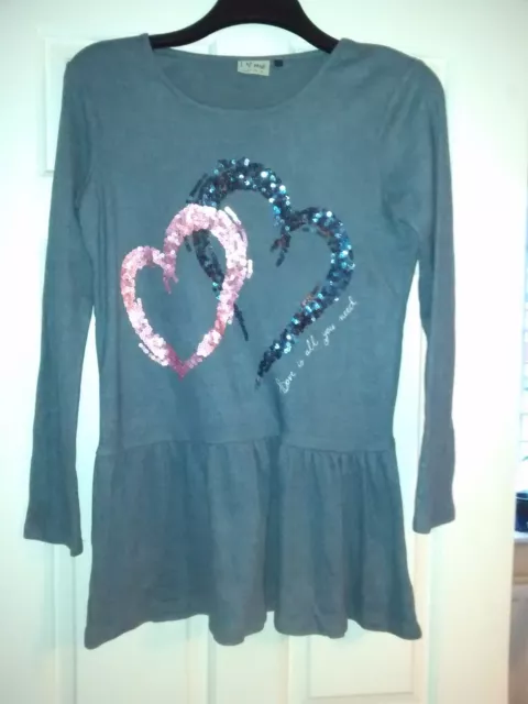 Girls blue/grey short dress or long top with sequinned hearts Next age 14 years