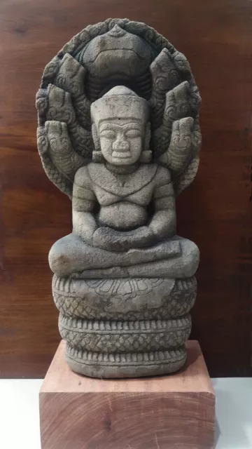 RARE KHMER SANDSTONE NAGA SHELTERED BUDDHA. ANGKOR WAT 'BAYON' STYLE. H: 66.04cm