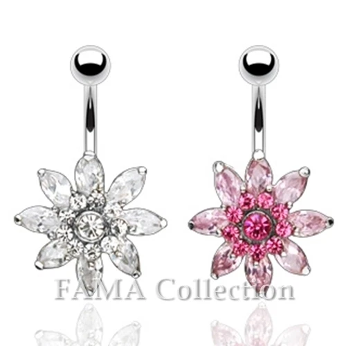 Fancy FAMA Flower CZ Navel Belly Ring Colour Select Pink or Clear
