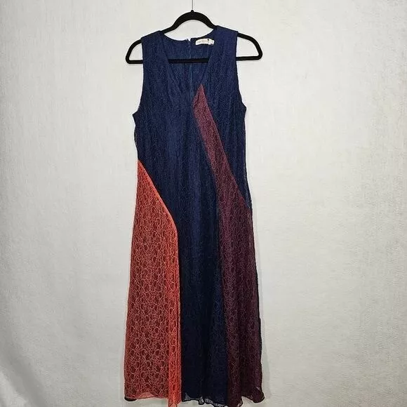 Tory Burch Iliana Paneled Lace Color Blocked Midi Dress in Navy Size 12