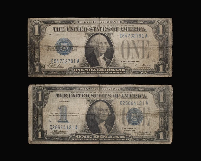 2 notes 1928 & 1934 $1 Funnyback Silver Certificate Notes - Fr. 1600 & 1606