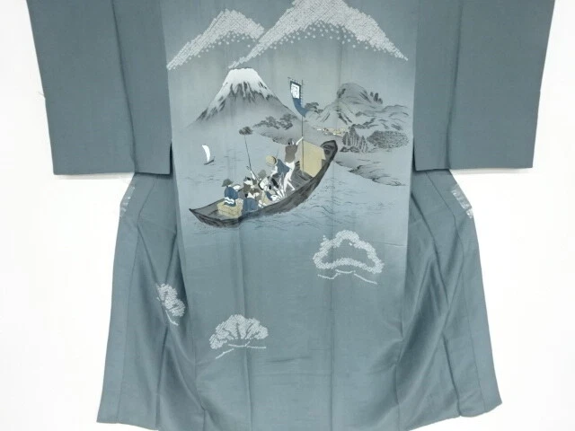 42289# Japanese Kimono / Antique Mens Juban / Shibori / Mt.fuji & People In