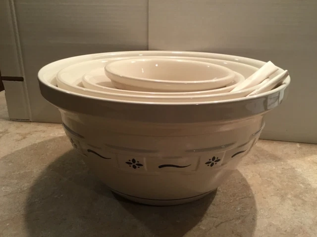 New Set of 4 Longaberger Pottery Nesting  Mixing Bowls, Woven Traditions, Blue