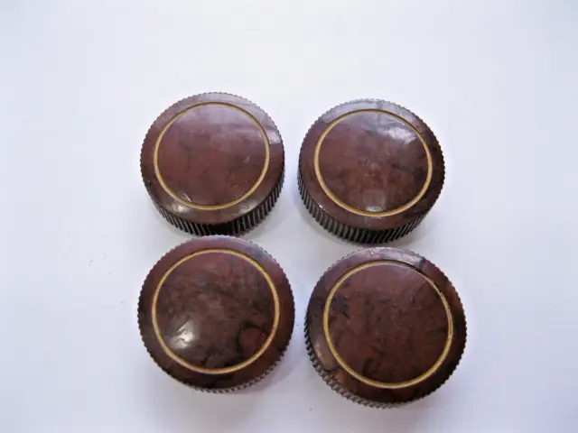 4 Vintage Radio Knobs, Rca,Philco, 1 1/8" Brown 1/4" Shaft, Gold Trim.