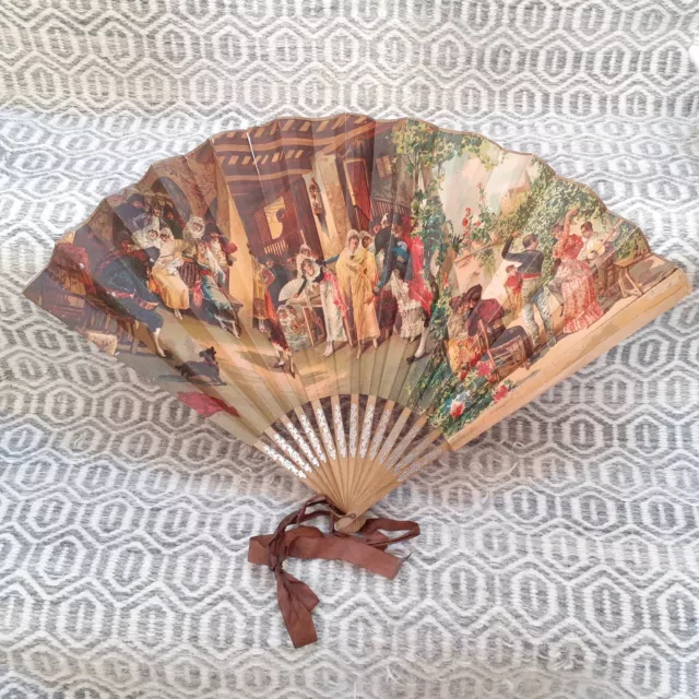 Spanish Antique Highly Decorated Glittered Paper Fan With Silvered Sticks